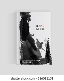Black abstract design. Ink paint on brochure, Monochrome element isolated on white. Grunge banner paints. Simple composition. Liquid ink. Background for banner, card, poster, identity,web design.