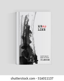 Black abstract design. Ink paint on brochure, Monochrome element isolated on white. Grunge banner paints. Simple composition. Liquid ink. Background for banner, card, poster, identity,web design.
