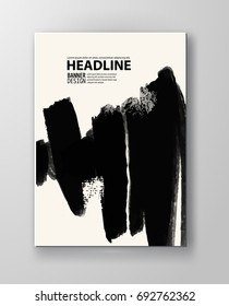Black abstract design. Ink paint on brochure, Monochrome element isolated on white. Grunge banner paints. Simple composition. Liquid ink. Background for banner, card, poster, identity,web design.