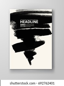 Black abstract design. Ink paint on brochure, Monochrome element isolated on white. Grunge banner paints. Simple composition. Liquid ink. Background for banner, card, poster, identity,web design.