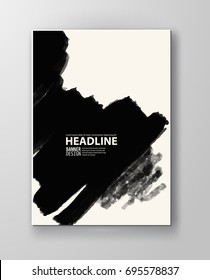 Black abstract design. Ink paint on brochure, Monochrome element isolated on white. Grunge banner paints. Simple composition. Liquid ink. Background for banner, card, poster, identity,web design.