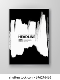 Black abstract design. Ink paint on brochure, Monochrome element isolated on white. Grunge banner paints. Simple composition. Liquid ink. Background for banner, card, poster, identity,web design.