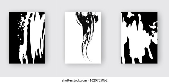 Black abstract design set. Ink paint on brochure, Monochrome element isolated on white. Grunge banner paints. Simple composition. Liquid ink. Background for banner, card, poster, identity,web design.