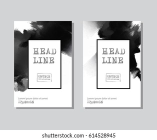 Black abstract design set. Ink paint on brochure, Monochrome element isolated on white. Grunge banner paints. Simple composition. Liquid ink. Background for banner, card, poster, identity,web design.