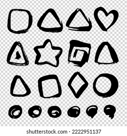 Black abstract different shape geometric figures textured brush strokes set on imitation transparent background