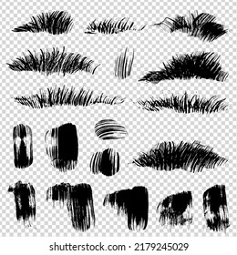Black abstract different shapes grass or  fur and textured  thick brush textured strokes on imitation transparent background