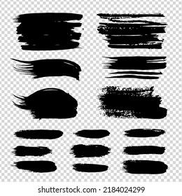 Black abstract different textured brush strokes set on imitation transparent background