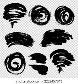 Black abstract different textured brush strokes set on imitation transparent background