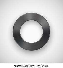 Black abstract donut badge, technology blank button template with metal texture (chrome, steel), realistic shadow and light background for user interfaces, UI, applications, apps. Vector illustration.