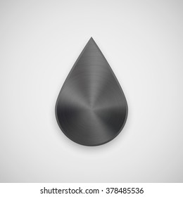 Black abstract drop badge, blank button template with metal texture, chrome, silver, steel and realistic shadow for logo, design concepts, web, UI, applications, apps. Vector illustration.