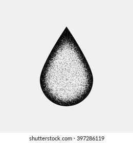 Black abstract drop badge, blank button template with film grain, noise, dotwork, grunge texture and black background for logo, design concepts, posters, banners, web and prints. Vector illustration
