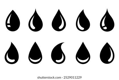 black abstract drop icon and falling droplet silhouette set on white background