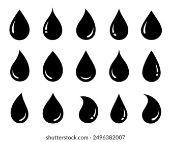 black abstract drop icons and falling droplets silhouettes set on white background