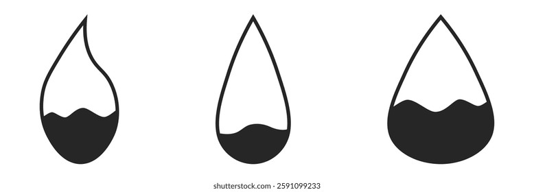 black abstract drop icons and falling droplets silhouettes set on white background