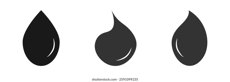 black abstract drop icons and falling droplets silhouettes set on white background