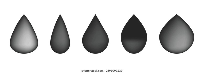 black abstract drop icons and falling droplets silhouettes set on white background