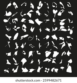 Black abstract elements. Floating organic shapes. Randomized visual pattern. Dark background contrast.