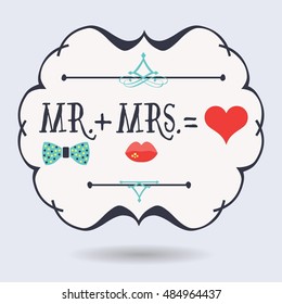 Black abstract emblem with conceptual Mr. plus Mrs. equals red heart icons on blue background