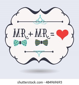 Black abstract emblem with conceptual Mr. plus Mr. equals red heart icons on blue background
