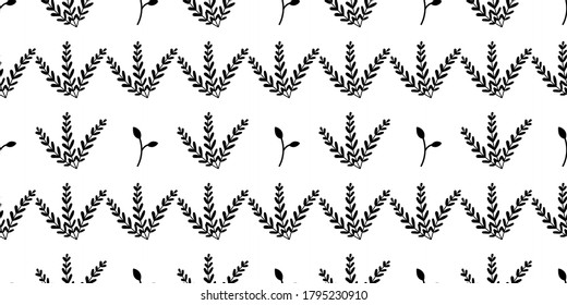 Black abstract floral seamless pattern with bushes and leaves silhouettes for textile prints on white background.
