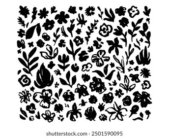 Black Abstract Flower Set in Trendy Grunge Style. Monochrome Contemporary Floral Collection. Vector Blossom Illustration Daisy, Tulip and Rose. Trendy Texture Flower for Home Poster, Fabric, Print