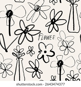 Zwarte abstracte bloemen. Crayon, houtskool, kinderachtig kind, naïeve kunst, krabbellijn, doodle borstelstijl. Handgetekende moderne vectorillustratie. Primitieve, minimale schetsmatige naadloze Patroon, achtergrond