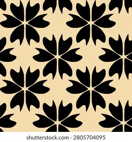 Black abstract flowers forming a repeating tileable pattern on a beige background