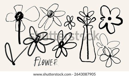 Black abstract Flowers set. Crayon, charcoal, kid childish, naive art, scribble line, doodle brush style. Hand drawn modern Vector illustration. Primitive, minimal sketchy isolated design elements