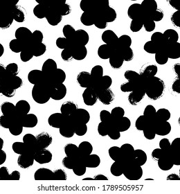Flores abstractas negras vectoriales sin fisuras. Ilustración de tinta botánica con motivos florales. Chamomile o margarita pintada con pincel. Impresión negra dibujada a mano para tela, papel envolvente, diseño de papel pintado