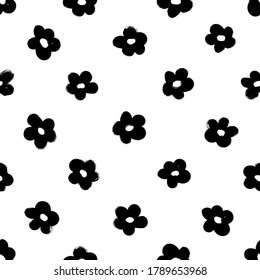 Black abstract flowers vector seamless pattern. Botanical ink illustration with floral motif. Daisy or chamomile painted by brush. Hand drawn black print for fabric, wrapping paper, wallpaper design