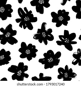 Black abstract flowers vector seamless pattern. Botanical ink illustration with floral motif. Daisy or chamomile painted by brush. Hand drawn black print for fabric, wrapping paper, wallpaper design