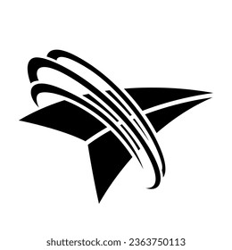 Black Abstract Flying Arrow Icon with Curvy Slashes on a White Background