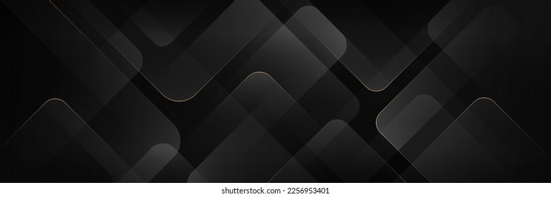 Black abstract geometric background. Elegant black and grey gradient geometric square shapes overlay layer with golden lines. Modern transparent square pattern. Luxury style. Vector illustration
