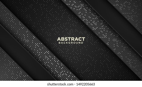 Black abstract geometric background with glitters dots element decoration. Luxury design concept.