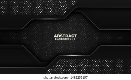 Black abstract geometric background with glitters dots element decoration. Luxury design concept.