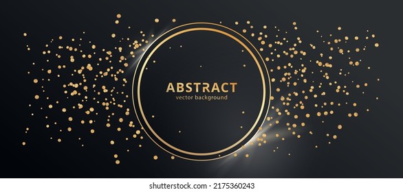 Black abstract geometric background with golden confetti particles. Modern shape concept. Abstract dark black and gold luxury background with copy space