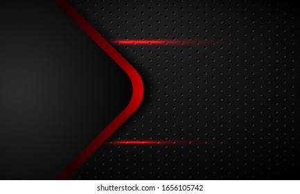 Black abstract geometric background and Red light. Perforated metal texture background and Red light. Modern shape concept. Vector 3D. EPS10.