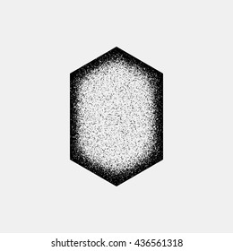 Black abstract geometric badge, polygon, hex shape with film grain, noise, dotwork, grunge texture and black background for logo, design concepts, posters, banners, web and prints. Vector illustration