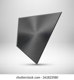 Black abstract geometric badge, technology blank button template with metal texture (chrome, steel), realistic shadow and light background for interfaces, UI, applications, apps. Vector illustration.
