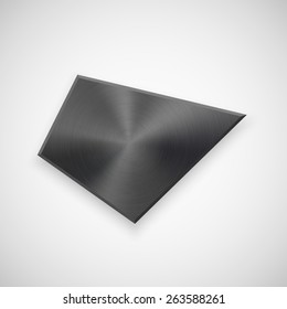 Black abstract geometric badge, technology blank button template with metal texture (chrome, steel), realistic shadow and light background for interfaces, UI, applications, apps. Vector illustration.