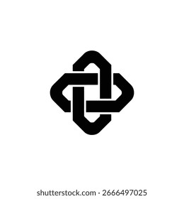 A black abstract geometric knot of interlocking rounded squares. Isolated on a transparent backdrop, creating a simple, clean icon design.