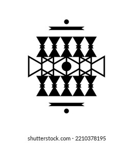 Black abstract geometric patterns on a white background.
