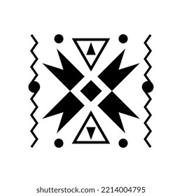 Black abstract geometric patterns on a white background.
