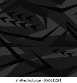 Black Abstract geometric seamless pattern with polygonal shapes. Modern digital camouflage textured racing vinyl print pattern. Vector background.