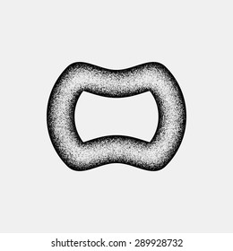 Black abstract geometric shape, badge with film grain, noise, dotwork, grunge texture and light background for logo, design concepts, posters, banners, web and prints. Vector illustration.