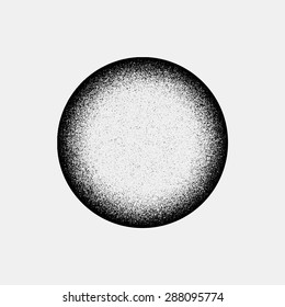 Black abstract geometric shape, circle badge with film grain, noise, dotwork, grunge texture and light background for logo, design concepts, posters, banners, web and prints. Vector illustration.