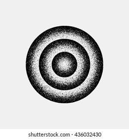 Forma geométrica abstracta negra, insignia circular con grano de película, noise, dotwork, textura grunge y fondo claro para el logotipo, conceptos de diseño, carteles, Anuncios, Web, impresiones. Ilustración vectorial.