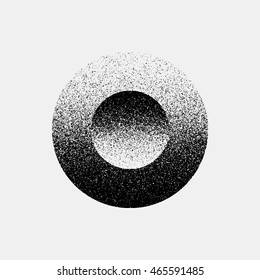 Black abstract geometric shape, circle badge with film grain, noise, grunge texture and light background for logo, design concepts, posters, banners, web, prints. Vector illustration.