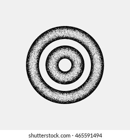 Black abstract geometric shape, circle badge with film grain, noise, grunge texture and light background for logo, design concepts, posters, banners, web, prints. Vector illustration.