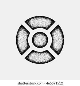 Black abstract geometric shape, circle badge with film grain, noise, grunge texture and light background for logo, design concepts, posters, banners, web, prints. Vector illustration.
